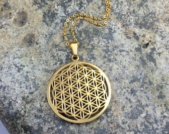 Flower of Life Necklace, Sacred Geometry Flower of Life Pendant Gold Plated stainless steel