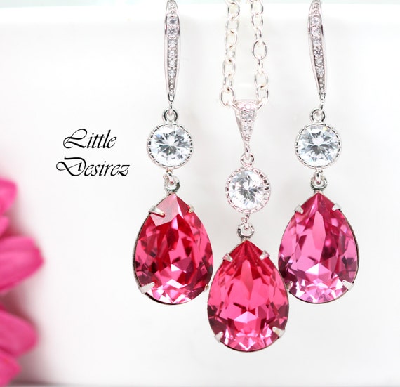 Hot Pink Earrings And Necklace Set By Littledesirezjewelry On Etsy