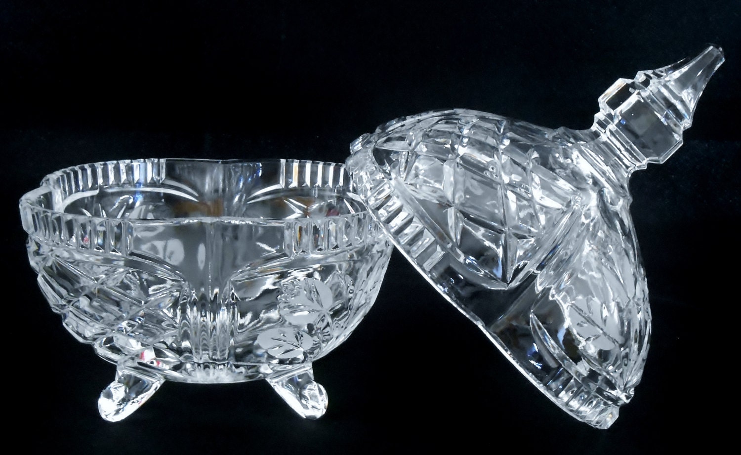 Vintage Cut Lead Crystal Lidded and Footed Candy Dish with