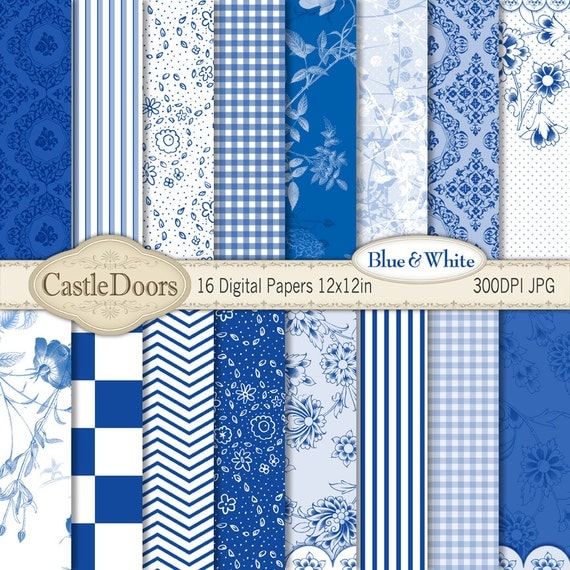 Digital Scrapbook Paper 16 designs blue white stripes