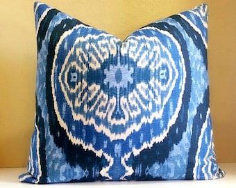 Duralee Denim Ikat pillow cover - Blue Ikat pillow cover- Pick your size - Ikat Print on both sides OR Solid Back