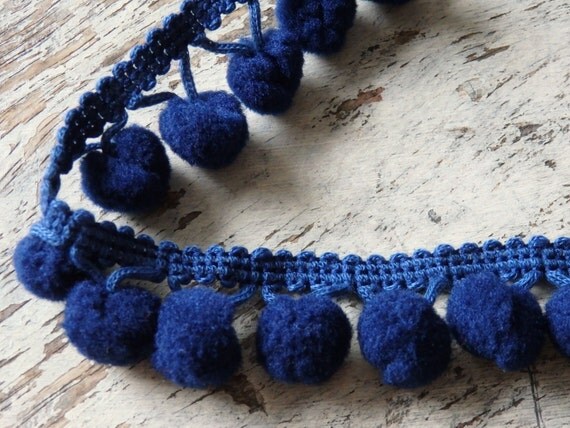 trim attaching pom pom blue pompom trim, bobble blue trim trim pom  ONE dark navy pom yard,