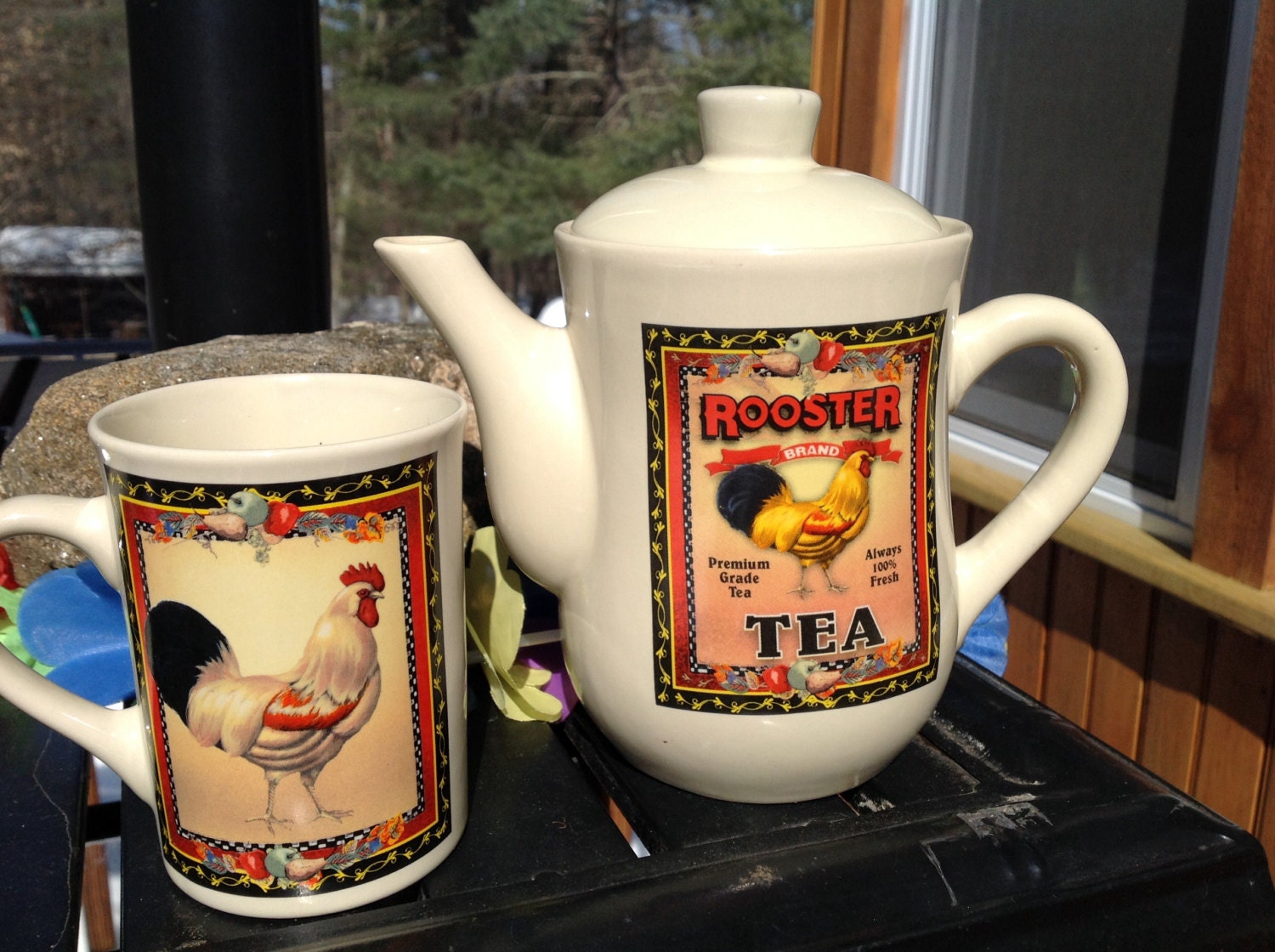 Vintage Rooster Teapot & Matching Rooster Mug Made In China
