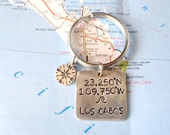 Los Cabos Latitude Longitude Keychain Charm. Compass charm.