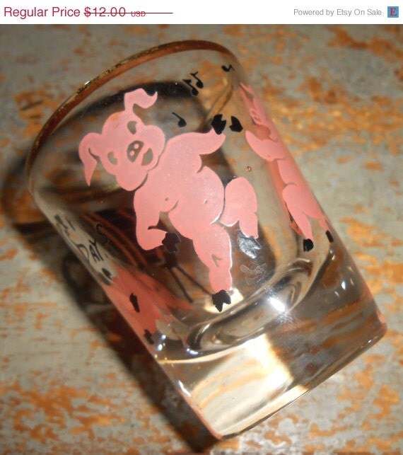 ON SALE Vintage Shot Glass, Pigs, Shot Glass, Bar Ware, Glass, Black