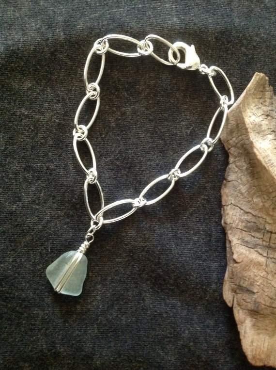 Sterling silver charm bracelet with pale blue Seaglass charm.