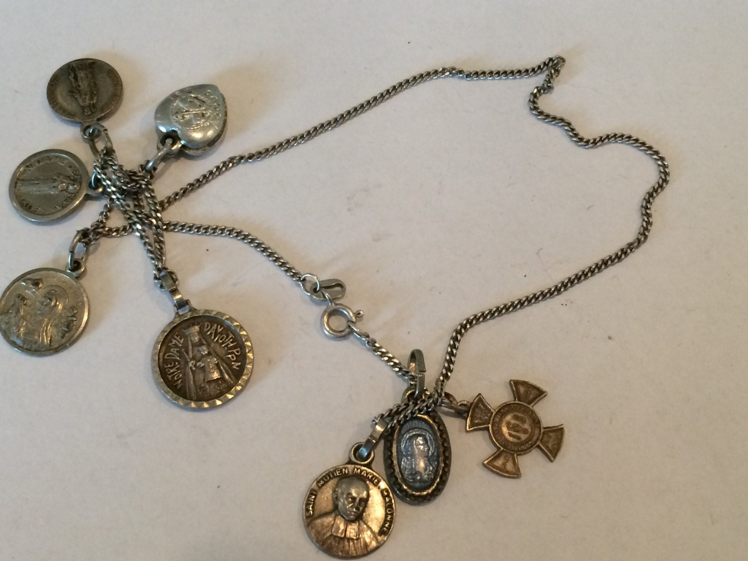 Vintage Silver necklace with many religious medals, charms,various ...
