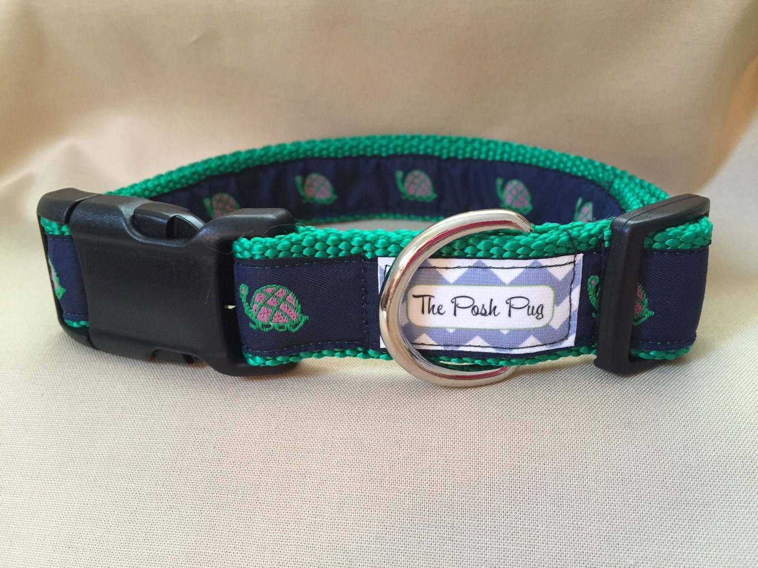 Handmade Navy & Green Turtles Adjustable Dog Collar MEDIUM