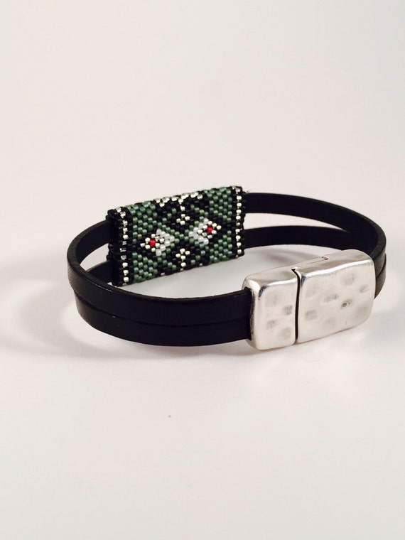 The Green One Seed Beaded Leather Strap Bracelet by Calisi on Etsy