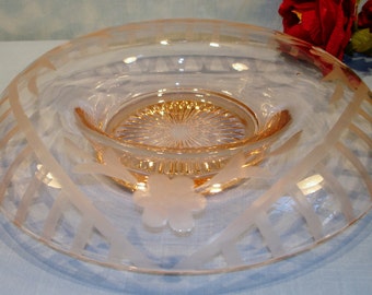 Pink Depression Glass Floral and Fence Etched Rolled Console Bowl #2, 11 inch