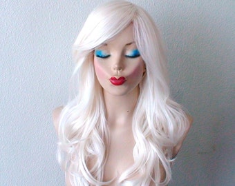 White wig. Snow white wig. Long curly hair long side bangs wig. Durable heat friendly synthetic hair wig for daily use or Cosplay.