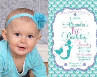 ON SALE Mermaid Invitation Birthday Mermaid Party Invite Under the sea mermaid glitter picture