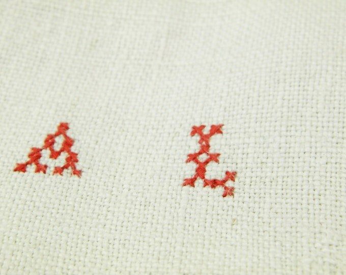 Large Antique French Linen Tea Towel with Woven Red Stripes and a 2 Small Red Cross Stitch Monogram A L / French Country Kitchen Decor