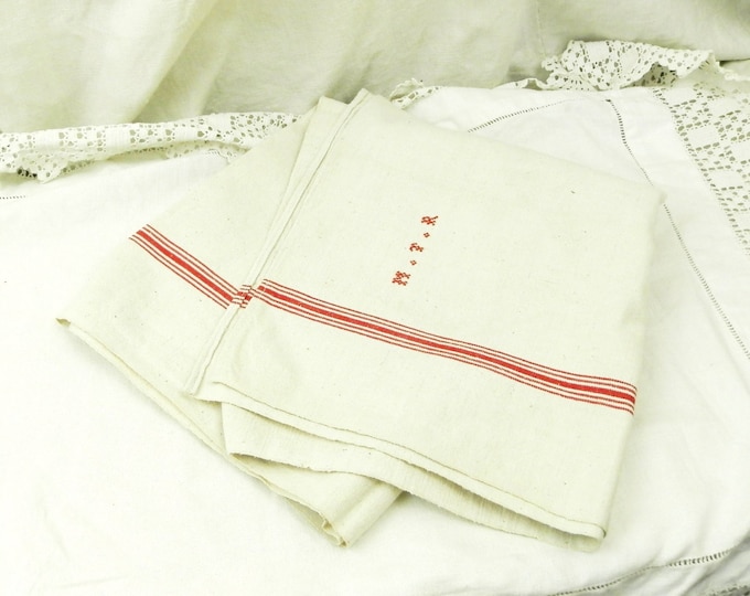 Excellent Condition Large Antique French Ecru Linen Tea Towel with Woven Red Stripes and 3 Small Red Cross Stitch Monogram M T R / Cottage