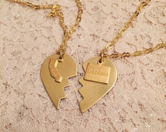 Choose Your State Best Friends Necklace, Long Distance Split Heart Necklace, Long Distance Relationship Necklace, State Charm Necklace