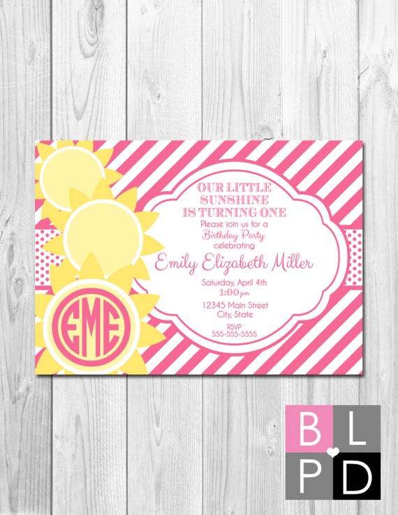 Our Little Sunshine Birthday Party Invitation with Monogram - Stripes and Stacked Suns - Yellow and Pink - DIY - Printable Il_570xn