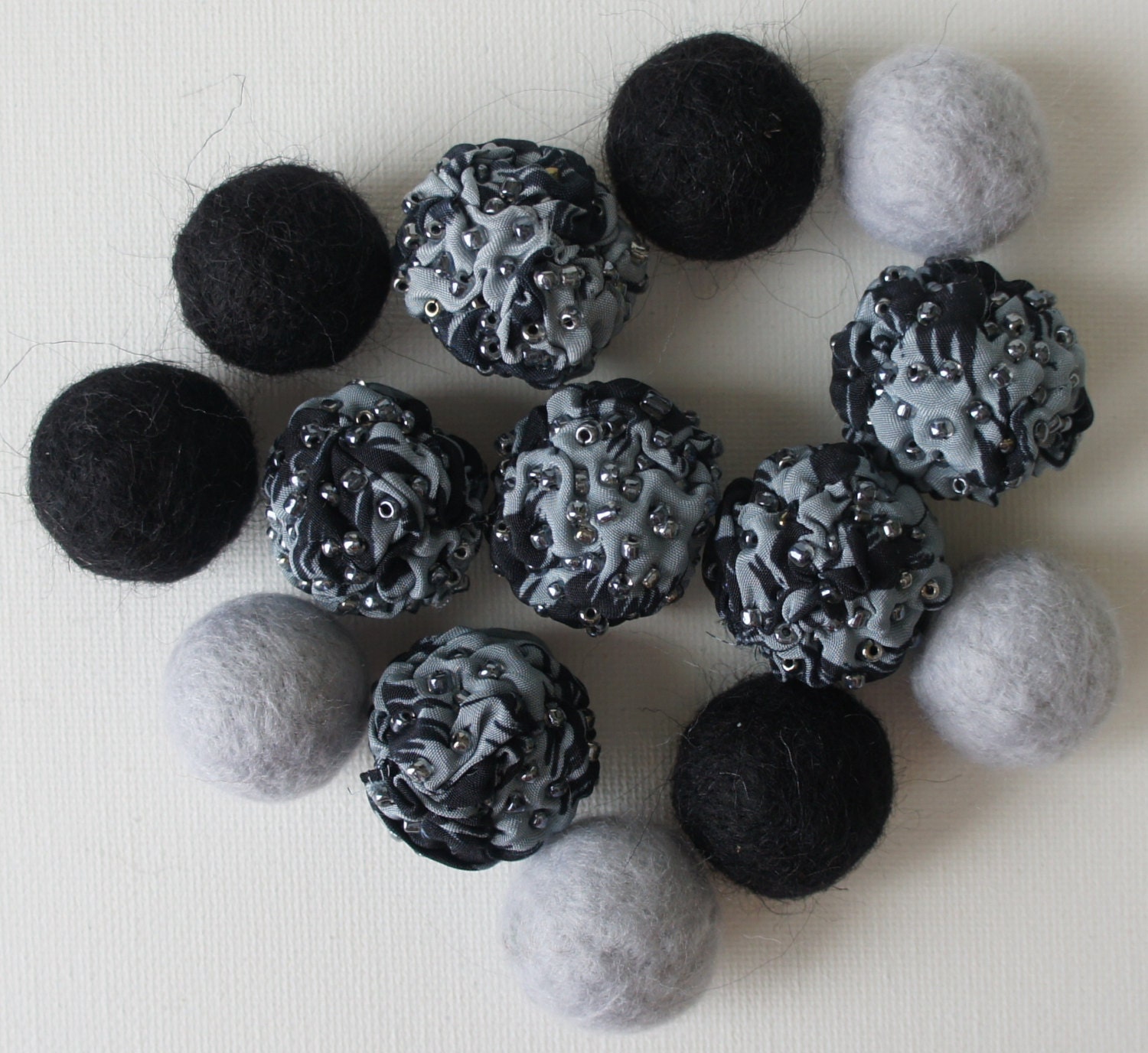 Felt Beads, Extra large Beads,Black and Grey shades beads Beads, Felt