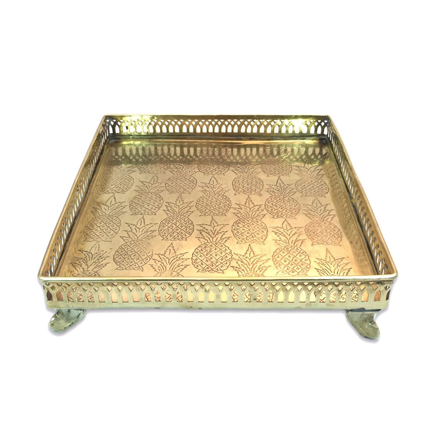 Vintage Square Brass Pineapple Tray Jewelry Trinket Coffee