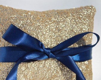Gold & Navy Sequin Wedding Ring Pillow. Gold and Navy Wedding Decorations. 5"x5" Gold Sequin Ring Pillow. Sequin Wedding Ring Pillow. Gold.