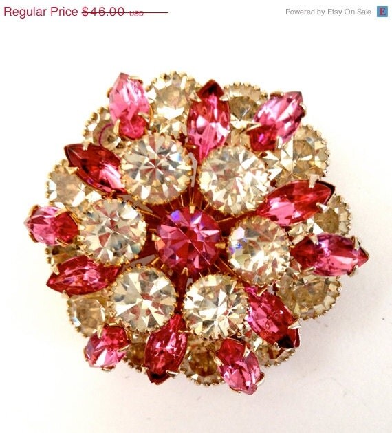 Vintage Pink and Clear Rhinestone Brooch by Vintageimagine on Etsy