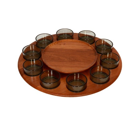 Digsmed Teak Lazy Susan Serving Tray with 10 glass bowls