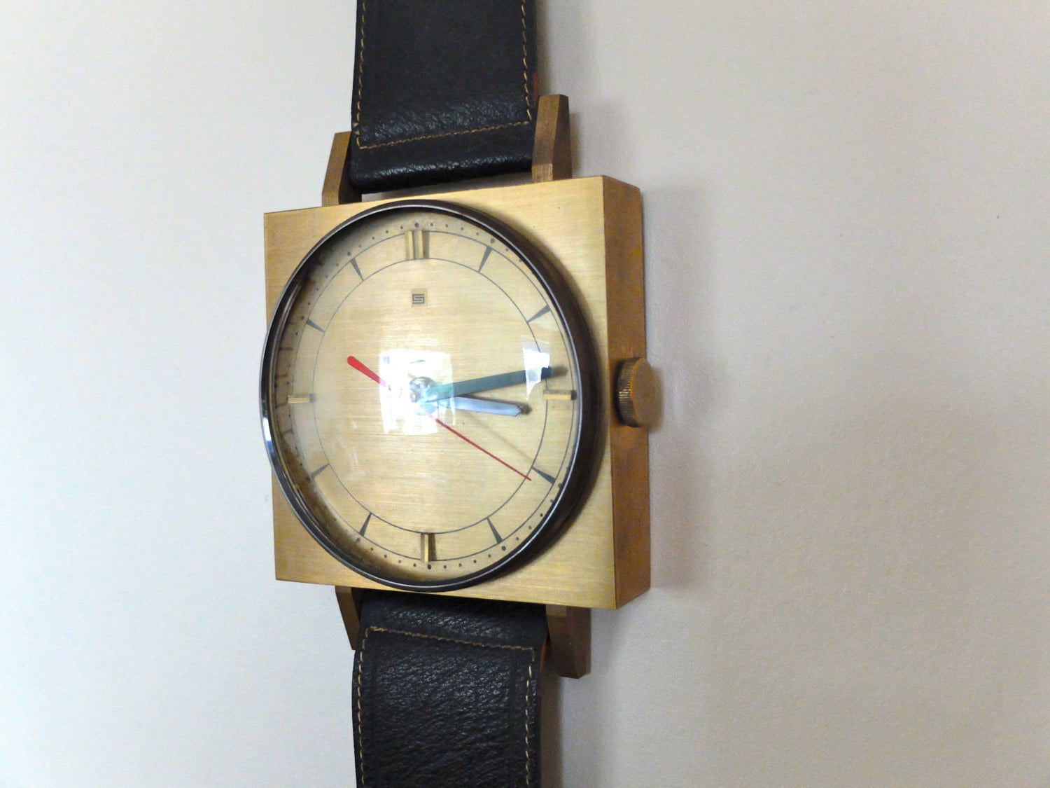 Vintage wall clock : GIANT WRIST WATCH brass and leather
