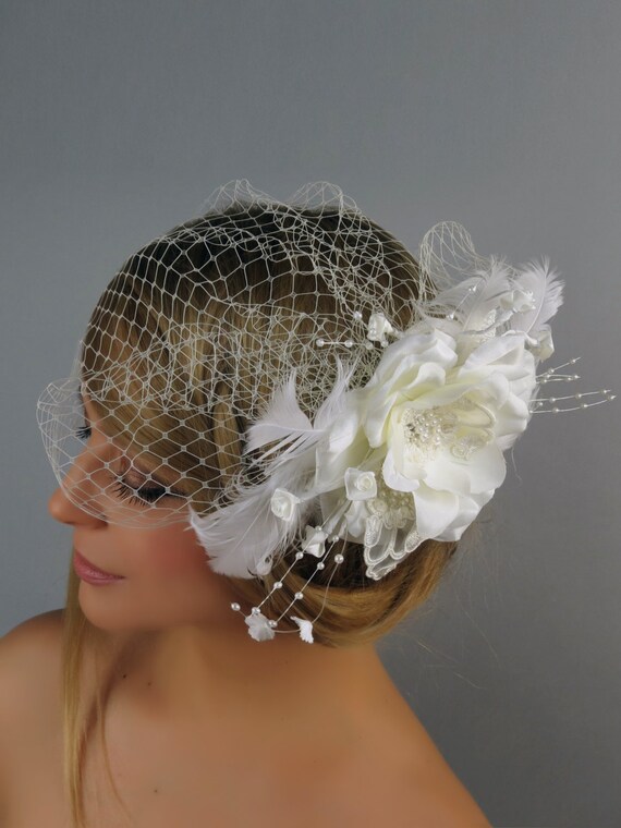 Ivory Wedding Headpiece Ivory Bridal Birdcage Veil Fascinator