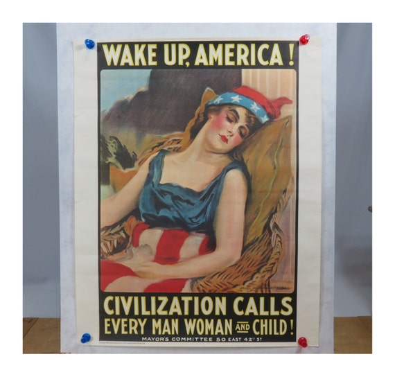 WWI Poster Wake Up America . Military Book Club 1960s