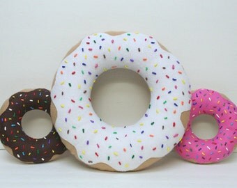 Doughnut Pillow, White Doughnut, Kawaii Food Pillow, Decorative Pillow, Rainbow Sprinkles,Hand Sewn, Washing Machine Safe