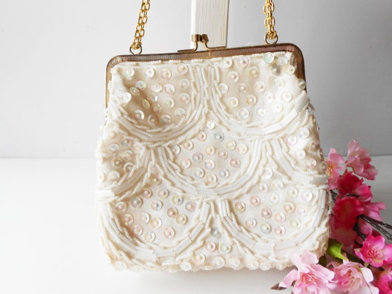 White Beaded Evening Bag Vintage White Beaded Handbag Wedding EB-0211