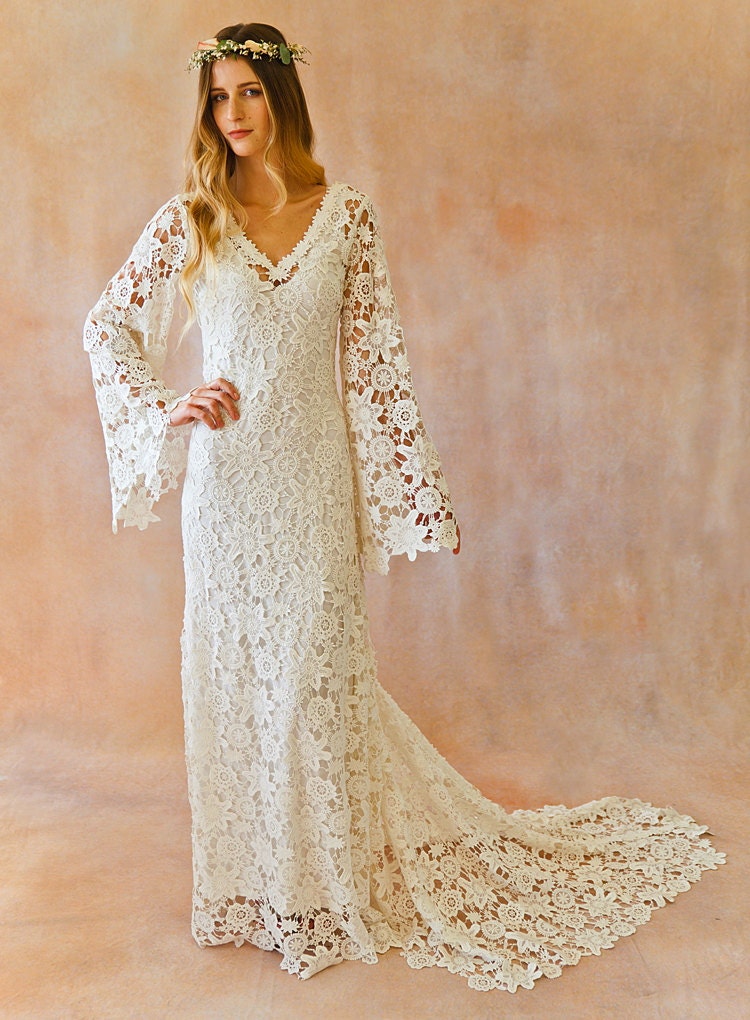 Boho Wedding Dress Bell Sleeve Simple Crochet Lace Bohemian 3154