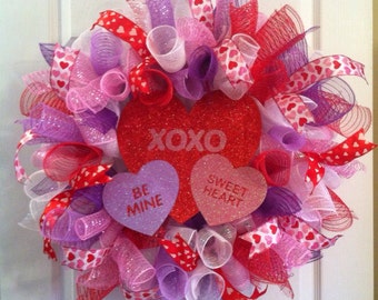 Valentine Wreath/ Conversation Hearts Valentine's Day Mesh Wreath/ Valentine's Day Deco Mesh Wreath