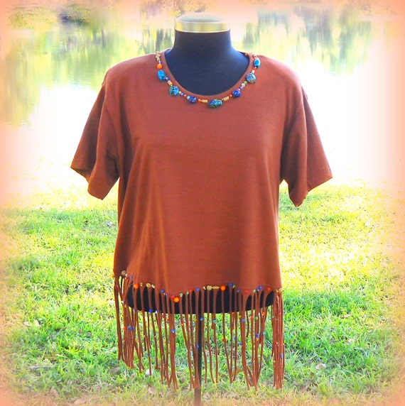 Hippie Fringed Beaded T-Shirt Size 14/34 by CoolCasuals on Etsy