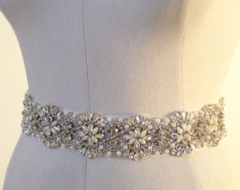 One Yard pearl and rhinestone bridal applique, crystal applique for wedding sash, beaded belt, bridal belt