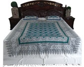 Indian Cotton Coverlet Green Ethnic Printed Handloom Bedding Bedspareds KING SIZE-3 pc set