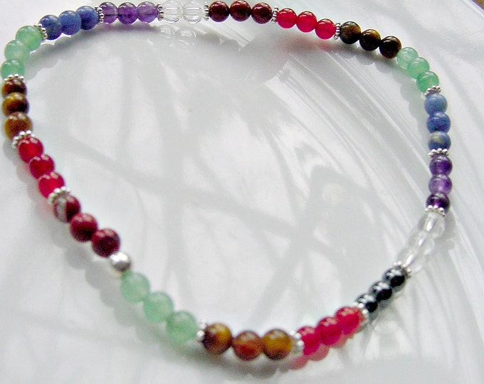 7 Chakra Petite Bracelet or Anklet, Ankle Semi Precious, Sterling Silver Accents, Stretch, Gift Idea