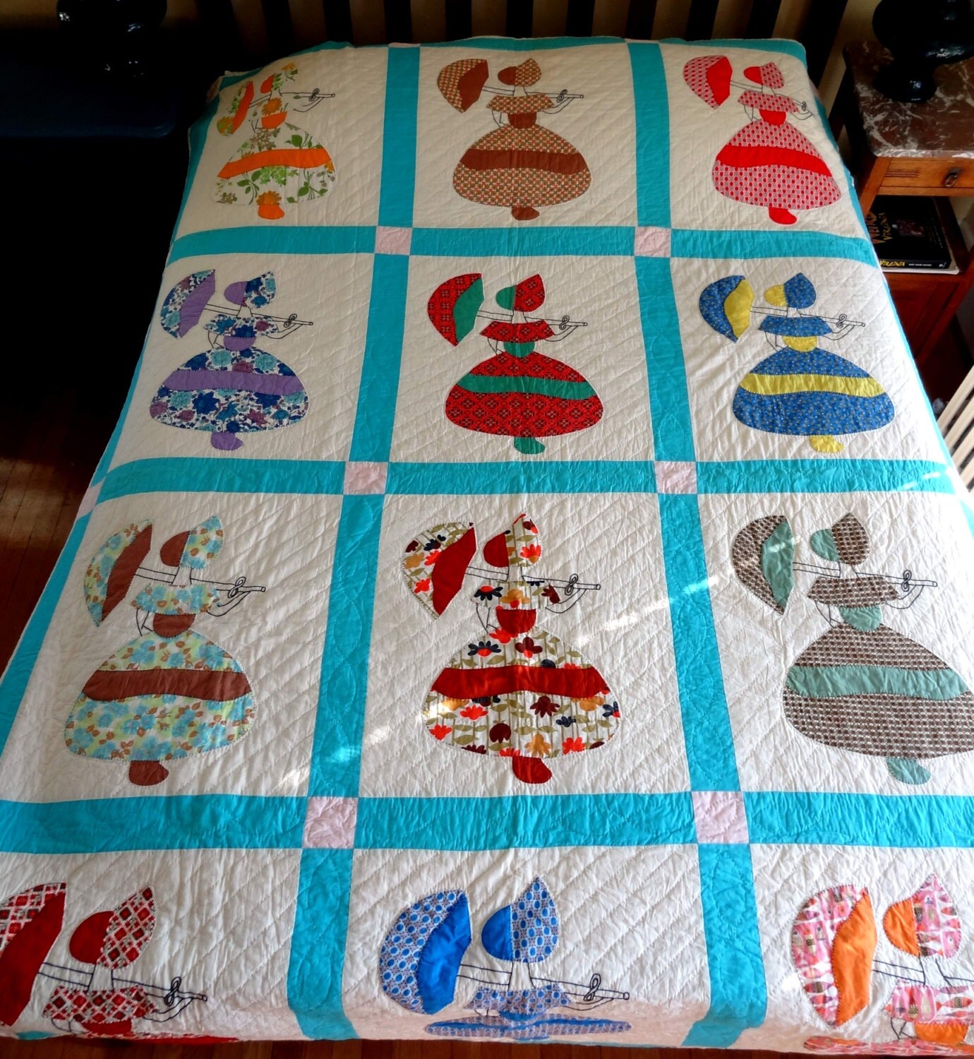 1970's Handmade Twin QuiltGirls with Parasols