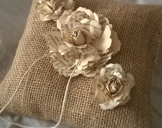 Book Page Rose , Hessian Ring Bearer Pillow , Book Page Flower Ring Cushion, Made to order, Free Shipping