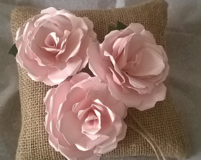 Burlap Ring Bearer Pillow with Three Pink Roses, Ring Cushion, Made to order