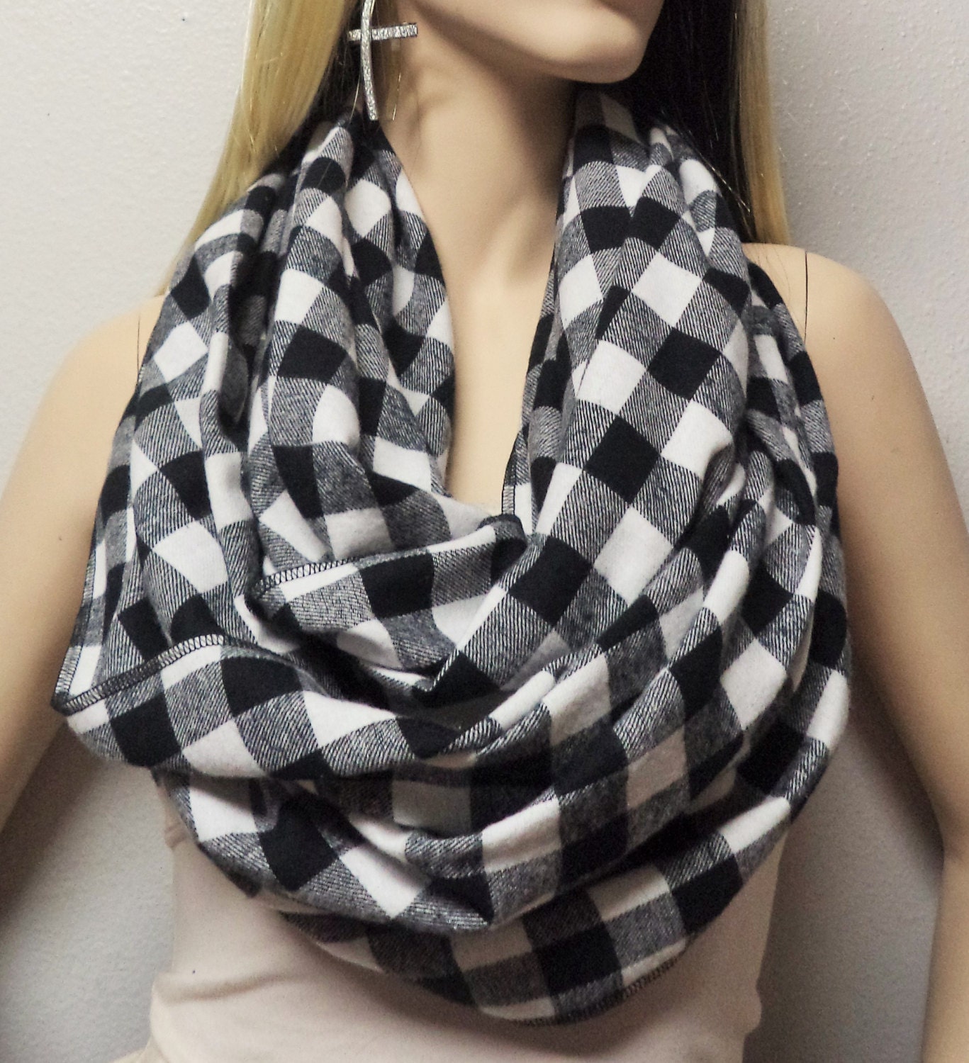 Black & White Buffalo Plaid Cotton Flannel Infinity Scarf