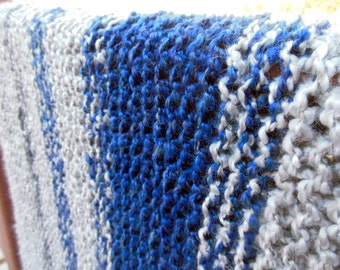 Hand Knitted Afghan, Soft Blanket, Warm Throw, Blue/Gray Striped Afghan