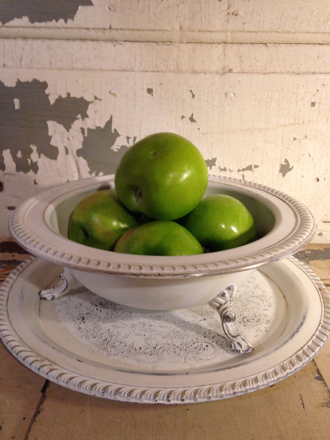 vintage linen white chalk paint over silverplated tray AND footed