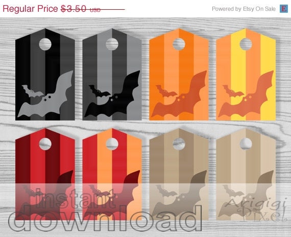 ON SALE 70 % OFF Striped Halloween Treat Bag Tags with flying bats, black, orange, beige printable hang tags, Png, Pdf file, instant downloa Il_570xn
