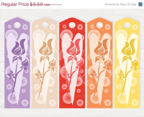 ON SALE 70 % OFF Printable Long Gift Tags Bookmark Spring Colors, Rosebud motif Diy Holoday Wedding Label Png file instant download Il_570xn