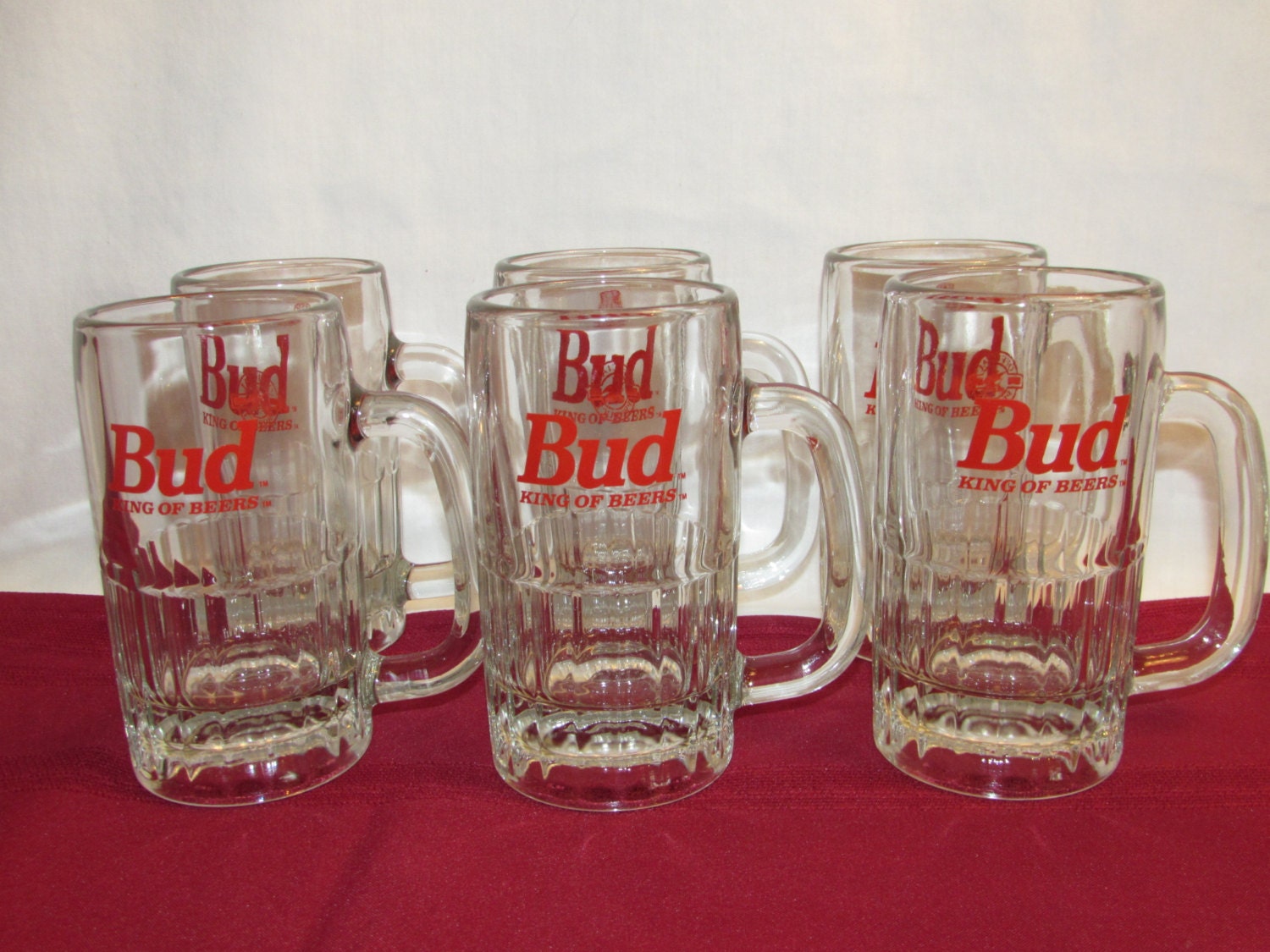 BUD MUGS King of Beers Set of 6 Heavy Glass Mugs