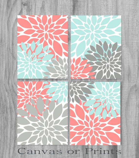 Coral Aqua Turquoise Gray Print or Canvas Art Print Home Decor