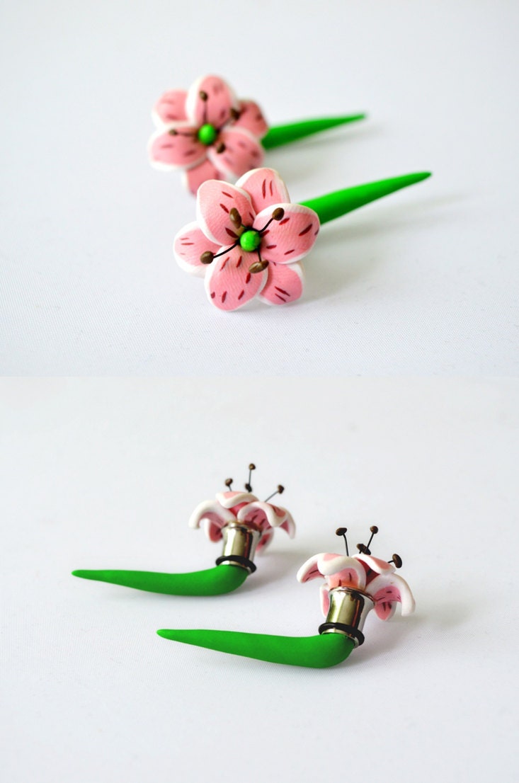 pink lily plug Gauges flower Plug floral by JEWELRYandPLEASURE
