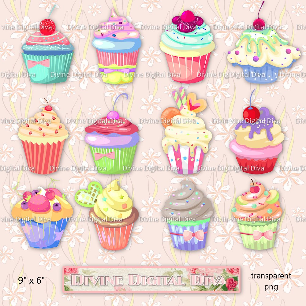 12 Pastel Cupcakes Transparent Clipart Digital Images PNG