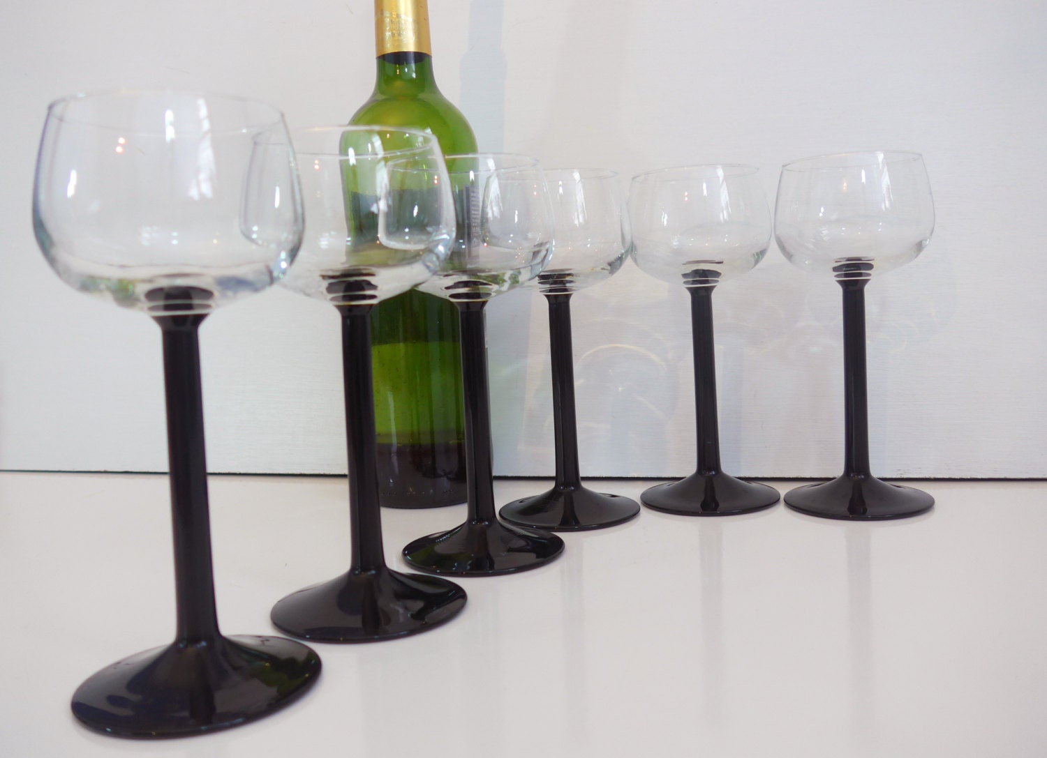 Vintage Luminarc Wine Black Stem Glasses FRANCE Set of 6 With Wide