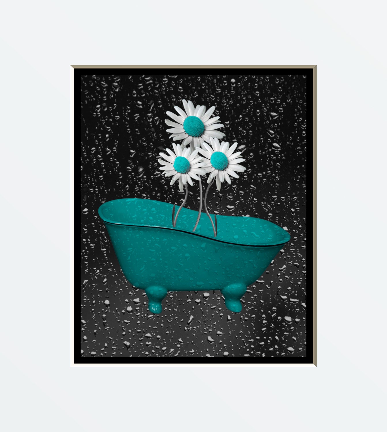 Teal Gray Daisy Flowers In Bathtub by LittlePiePhotoArt on Etsy